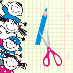 Wall Mural - Happy kids and square paper with scissor and crayon at the background. Funny illustration. Vector icon. Group of girls and boys.