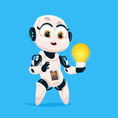 Poster - Cute Robot Hold Light Bulb Robotic Girl Isolated Icon On Blue Background Modern Technology Artificial Intelligence Concept Flat Vector Illustration