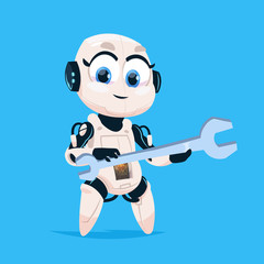 Fototapete - Cute Robot Hold Wrench Robotic Girl Isolated Icon On Blue Background Modern Technology Artificial Intelligence Concept Flat Vector Illustration