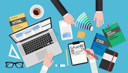 Web design meeting, top view of a desk with a computer, notepad, design books, smartphone, color palette, pens and pencils. Vector illustration in flat style, template for business