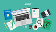 © Biscotto Design - Audit, top view of a desk with a computer, notepad, documents, reports, smartphone, pens and pencils. Vector illustration in flat style, template for business