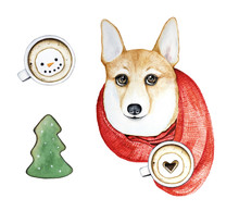 Set Of Holiday Symbols Illustrations, New Year. Corgi Dog Portrait, Red Wool Plaid, Fir Tree Cookie, Coffee Cup, Snowman, Heart Marshmallow. Watercolor Illustrations On White Background, Isolated