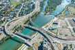 Aerial view of highways crossing the river. Bow river, Calgary, Alberta.