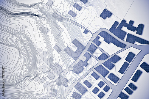 Cuadros en Lienzo Imaginary cadastral map of territory with relief map - concept image