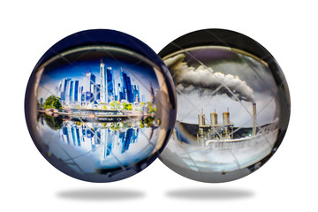 crystal globe with cityscape, pollution inside isolated on white background