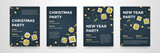 Fototapeta Dinusie - Christmas, New Year winter holiday party posters design template of golden glittering Xmas decorations. Vector confetti and present in gold star ribbon bow for invitation card black background
