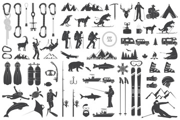 Wall Mural - mountaineering, hiking, climbing, fishing, skiing and other adventure icons.