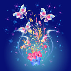 Wall Mural - Fantasy butterflies with glowing firework and floral ornament