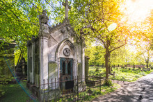 Mausoleum In Brompton Cemetery With Sun Flare