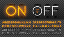 Big Orange Neon Set, Glowing Alphabet, Vector Font. Glowing Text Effect. On And Off Lamp. Neon Numbers And Punctuation Marks. Isolated On Transparent Background.