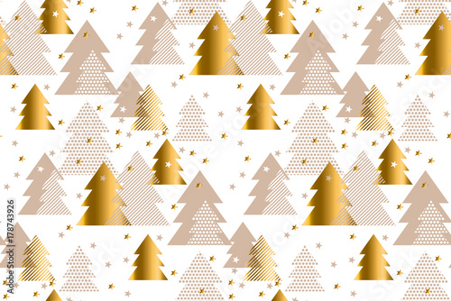 Elegant gold and baige pattern. Happy new year and xmas tree seamless pattern...
