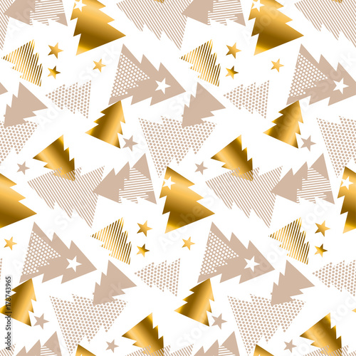 Elegant gold and baige pattern. Happy new year and xmas tree seamless pattern...