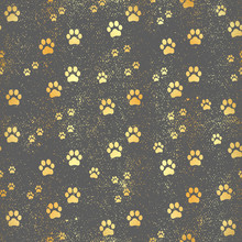 Gold Paw Print Seamless Pattern. Seamless Pattern Of Animal Gold Footprints. Dog Paw Print Seamless Pattern On Gold Background