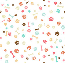 Dog Paw Print Seamless. Template For Your Design, Wrapping Paper, Card, Poster, Banner, Flyer. Vector Illustration. Isolated On White Background