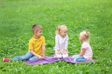 Wall Mural - Adorable little children sitting on blanket in park