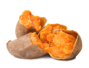 Wall Mural - Baked sweet potato on white background