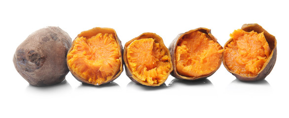 Baked sweet potato on white background