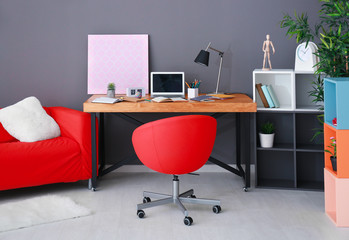 Sticker - Modern room interior with laptop on wooden table