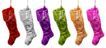 Richly Colored Brocade Christmas Stockings Hanging In A Row