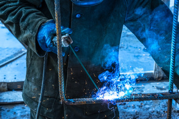 Poster - Welder is a man. Welding of metal structures.