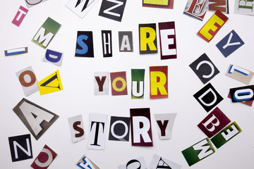Fototapete - A word writing text showing concept of SHARE YOUR STORY made of different magazine newspaper letter for Business case on the white background with copy space