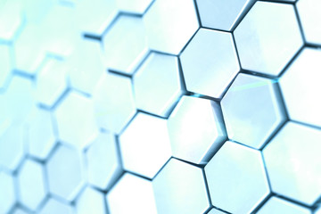 Poster - Futuristick abstract hexagonal background with depth of field effect. Structure of a large number of hexagons. Steel honeycomb wall texture, shiny hexagon clusters background, 3D rendering