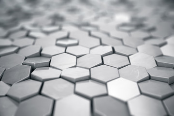 Poster - Silver abstract hexagonal background with depth of field effect. Structure of a large number of hexagons. Steel honeycomb wall texture, shiny hexagon clusters background, 3D rendering