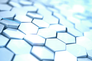 Poster - Futuristick abstract hexagonal background with depth of field effect. Structure of a large number of hexagons. Steel honeycomb wall texture, shiny hexagon clusters background, 3D rendering