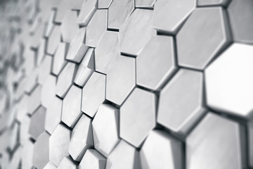 Poster - Silver abstract hexagonal background with depth of field effect. Structure of a large number of hexagons. Steel honeycomb wall texture, shiny hexagon clusters background, 3D rendering
