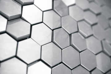 Silver abstract hexagonal background with depth of field effect. Structure of a large number of hexagons. Steel honeycomb wall texture, shiny hexagon clusters background, 3D rendering