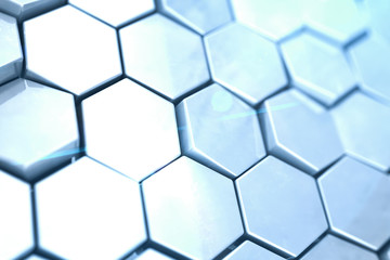 Poster - Futuristick abstract hexagonal background with depth of field effect. Structure of a large number of hexagons. Steel honeycomb wall texture, shiny hexagon clusters background, 3D rendering