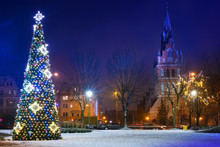 Christmas Tree In Elk City Center. Masuria, Poland.