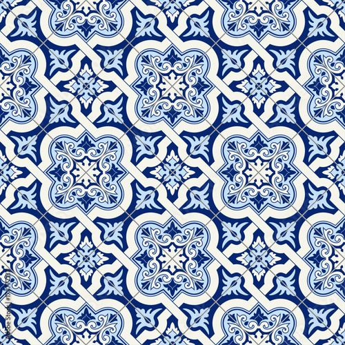 Naklejka na szybę Gorgeous seamless pattern white blue Moroccan, Portuguese tiles, Azulejo, ornaments. Can be used for wallpaper, pattern fills, web page background,surface textures.