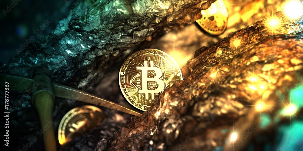 Golden bitcoin mining in deep golden cave with Pickaxe and some coin. - 3d illustration.