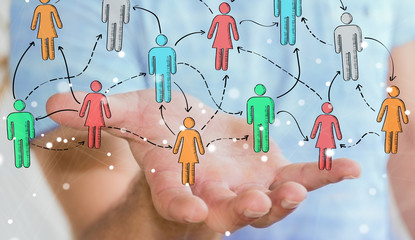 Poster - Businessman using hand drawn social network interface