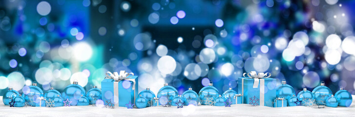 Wall Mural - Blue and white christmas gifts and baubles 3D rendering