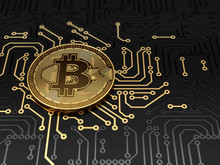 Golden Bitcoin On Circuit Board, Cryptocurrency Concept. 3d Illustration.