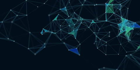 Poster - Abstract technology futuristic geometrical and science color neon background with space for copy. Plexus digital wallpaper. Business presentation concept. Medical structure and artificial intelligence