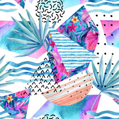 Poster - Watercolor summer background with flowers, fan palm leaves, doodles, lines, geometrical shapes.