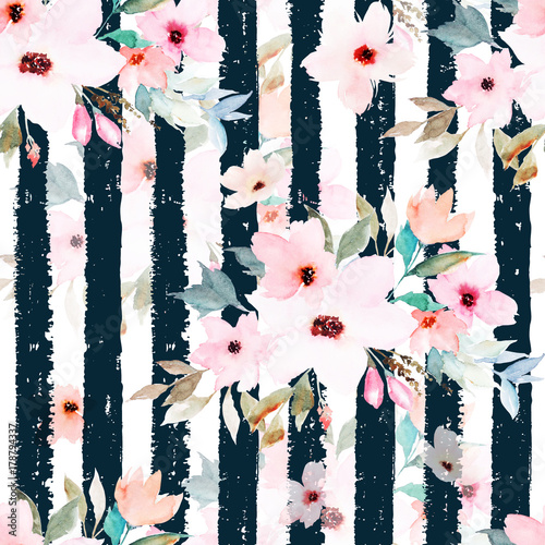 Cotton fabric Watercolor seamless pattern on striped background. Floral print