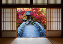 Bridge And Autumn Trees Seen Through The Open Doors Of An Old Japanese Dojo