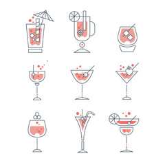 Wall Mural - Collection of line alcoholic cocktails and beverages