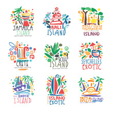 Exotic Islands Summer Vacation Colorful Logo Set