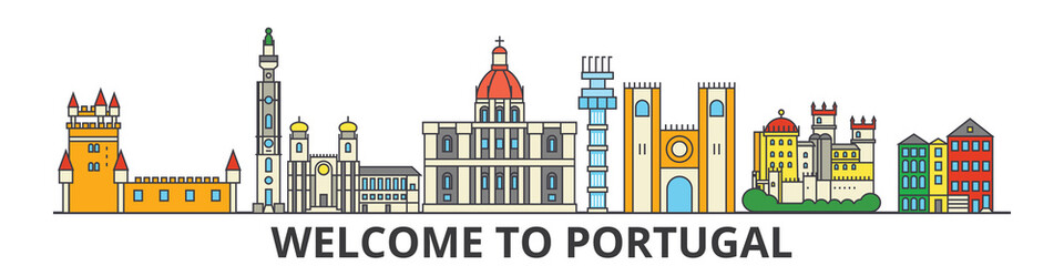 Wall Mural - Portugal outline skyline, Portuguese flat thin line icons, landmarks, illustrations. Portugal cityscape, Portuguese vector travel city banner. Urban silhouette