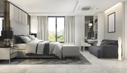 3d rendering modern luxury bedroom suite in hotel with decor