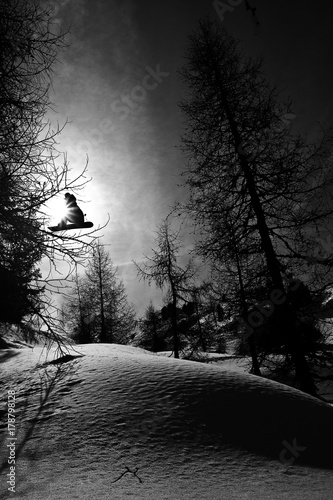 Snowboarding in the forest