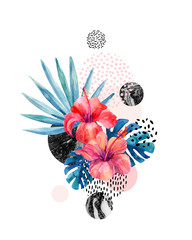 Wall Mural - Watercolor tropical flowers on geometric background with marbling, doodle textures