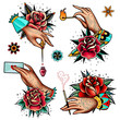 old school tattoo roses and hands set