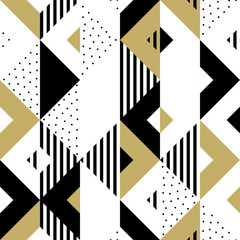 Wall Mural - Triangle geometric abstract golden seamless pattern. Vector background of black, white and gold triangular pattern or square swatch ornament texture or mosaic design backdrop tile template