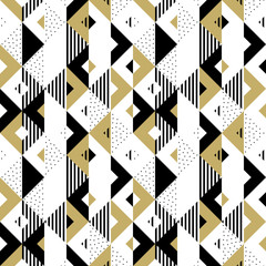 Wall Mural - Triangle geometric abstract golden seamless pattern. Vector background of black, white and gold triangular pattern or square swatch ornament texture or mosaic design backdrop tile template